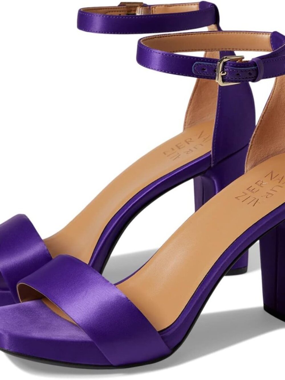 Naturalizer Joy Women 9W Purple Satin Block Heel Ankle Strap Sandals NEW